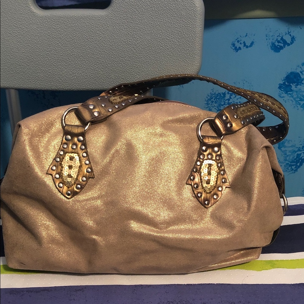 Gold Metallic Women’s Shoulder Bag with Studded Accents